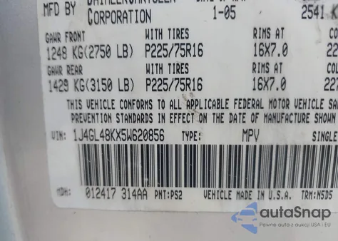 2005 Jeep Liberty Sport from USA, damaged, VIN 1J4GL48KX5W620856